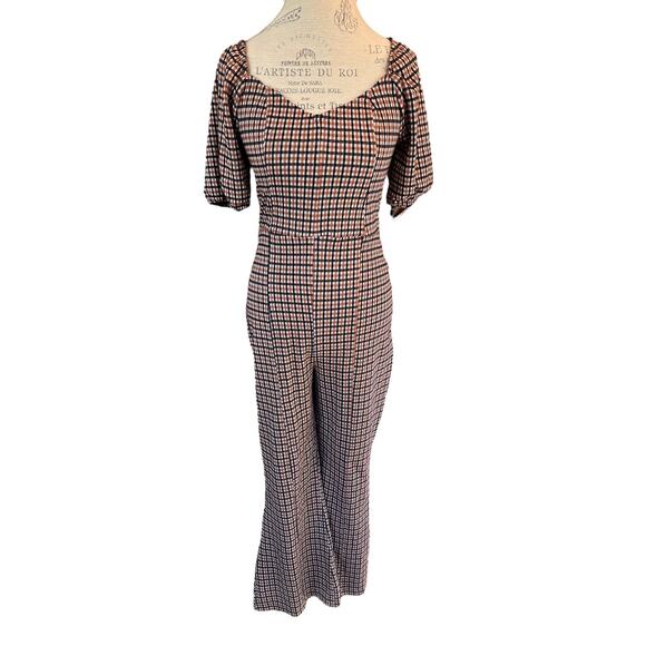 Free People Oxford fall plaid jumpsuit. Orange, black, puff sleeve NWT - Picture 4 of 12
